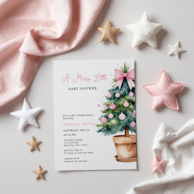 Budget Pink Bow Weihnachten Merry Little Baby Dusc (Budget Pink Bow Christmas Merry Little Baby Shower Invitation)