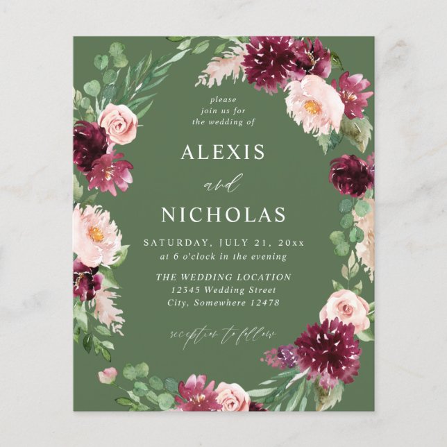 Budget Pink & Burgund Floral 7 Wedding - Green Flyer (Vorne)