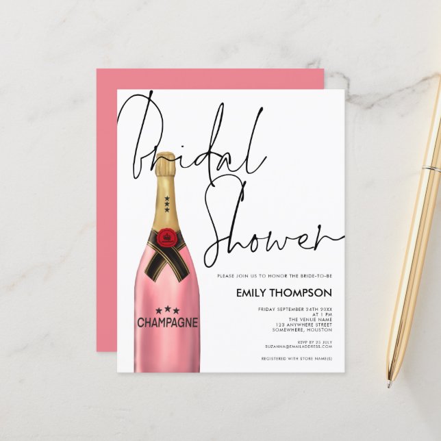Budget Pink Champagne Script White Brautparty (Vorderseite/Rückseite Beispiel)