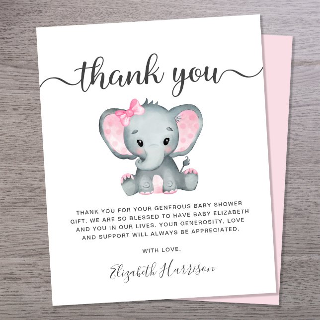 Budget Pink Elephant Baby Dusche Danke Karte (Von Creator hochgeladen)
