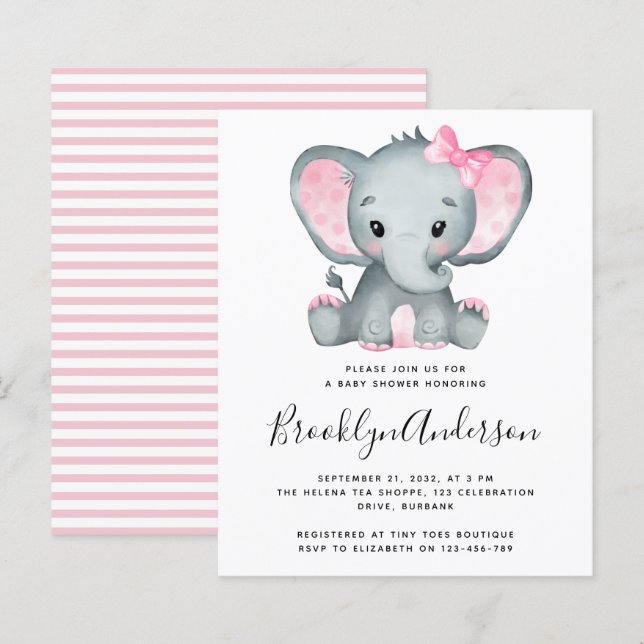 BUDGET Pink Elephant Baby Dusche Einladung (Vorne/Hinten)