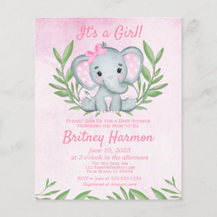 Budget Pink Elephant Girl Baby Dusche Einladung Flyer