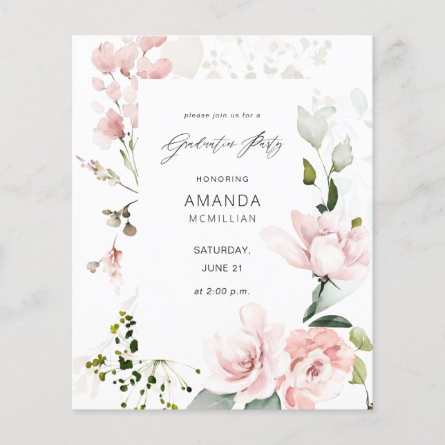 Budget Pink & Eukalyptus Floral Graduation Party Flyer (Vorne)