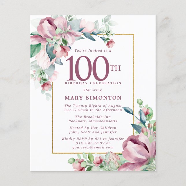 Budget Pink Floral 100. Geburtstag Einladung (Vorderseite)