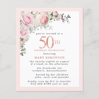 Budget Pink Floral 50. Geburtstag Einladung