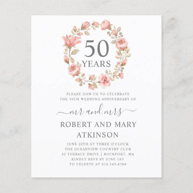 Budget Pink Floral 50 Jahre Einladung (Vorderseite)