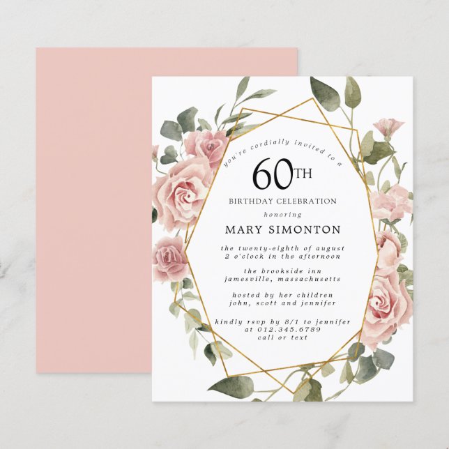 Budget Pink Floral 60. Geburtstag Einladung (Vorne/Hinten)