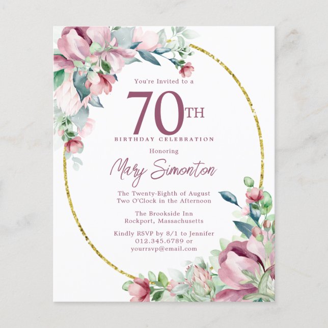 Budget Pink Floral 70. Geburtstag Einladung (Vorderseite)