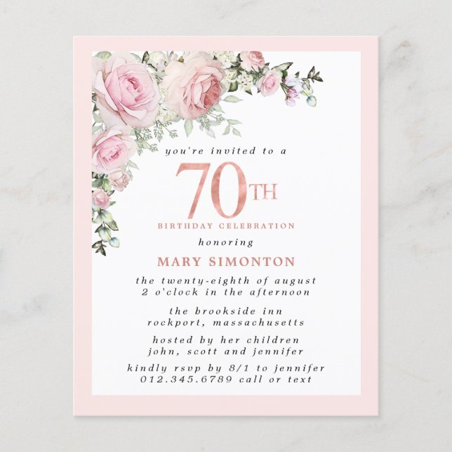 Budget Pink Floral 70. Geburtstag Einladung (Vorderseite)