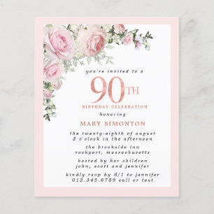 Budget Pink Floral 90. Geburtstag Einladung