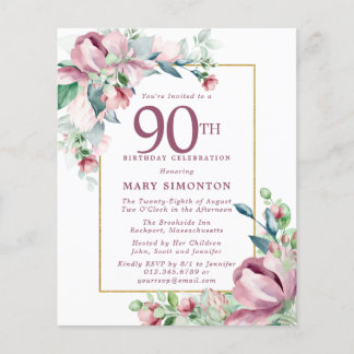 Budget Pink Floral 90. Geburtstag Einladung