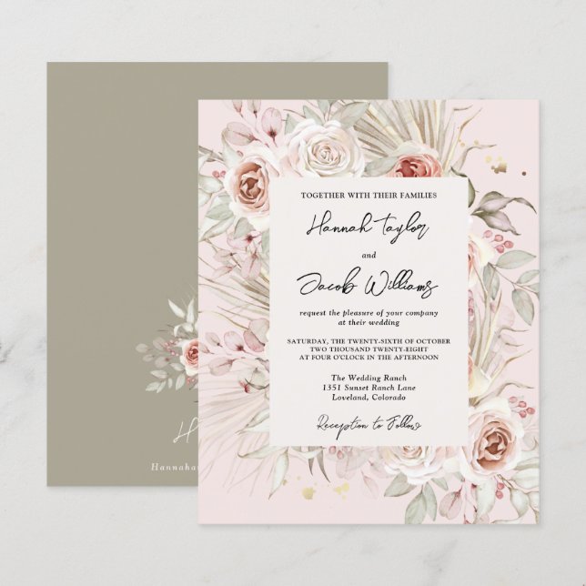Budget PInk Floral Boho Rustic Wedding Einladung (Vorne/Hinten)