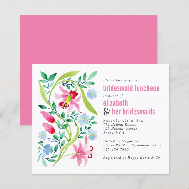 Budget Pink Floral Bridesmaid Luncheon Einladung (Vorne/Hinten)