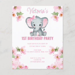 Budget Pink Floral Elephant 1. Geburtstag Einladun