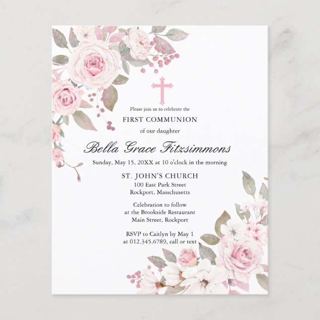 Budget Pink Floral First Heilige Kommune Einladung (Vorderseite)