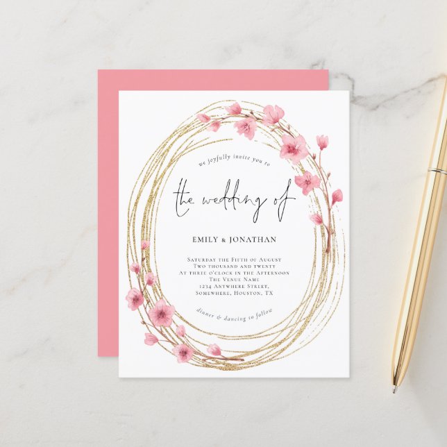 Budget Pink Floral Frame Skript Einladung Hochzeit (Vorderseite/Rückseite Beispiel)