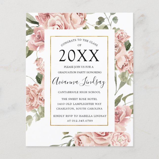 Budget Pink Floral Photo Back Graduation Party Flyer (Vorne)