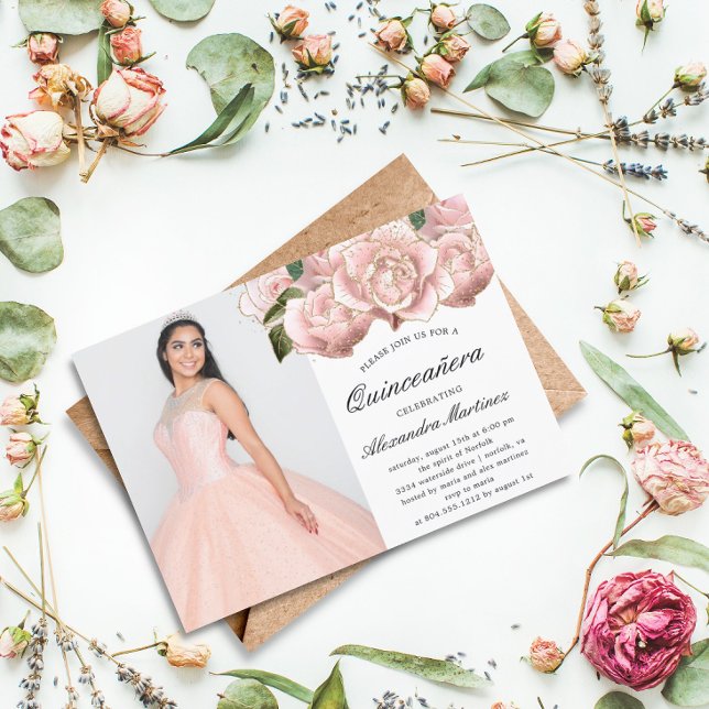 Budget Pink Floral Quinceanera Foto Einladung Flyer (Von Creator hochgeladen)