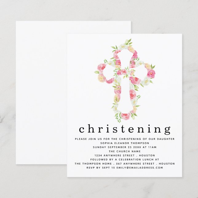 Budget Pink Florals Cross Christening Einladung (Vorne/Hinten)