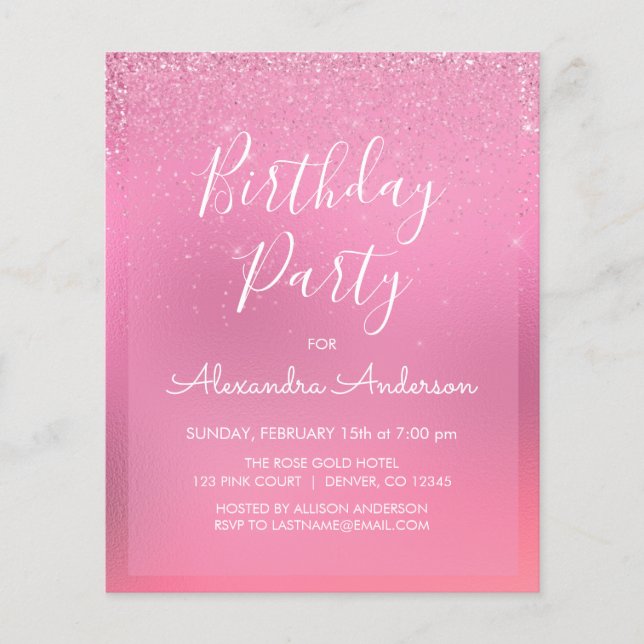 Budget Pink Foil Girly Glitzer jedes Alter Geburts Flyer (Vorne)