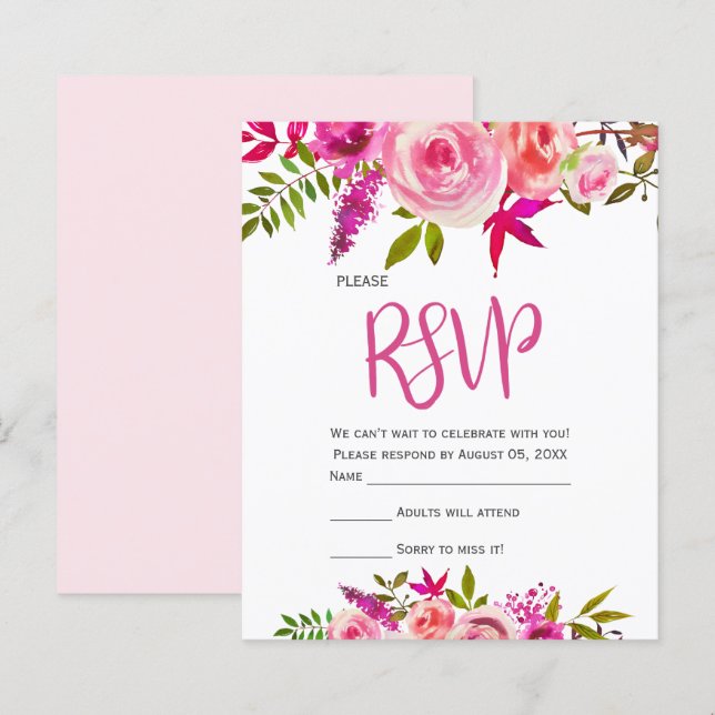 Budget Pink Fuchsia Botanical Floral Wedding RSVP (Vorne/Hinten)