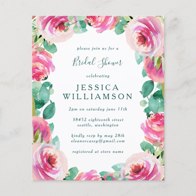 Budget Pink Garden Rose Floral Brautparty (Vorderseite)