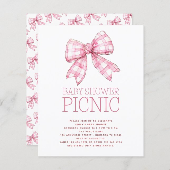 Budget Pink Gingham Bow Baby Shower Picnic (Vorne/Hinten)