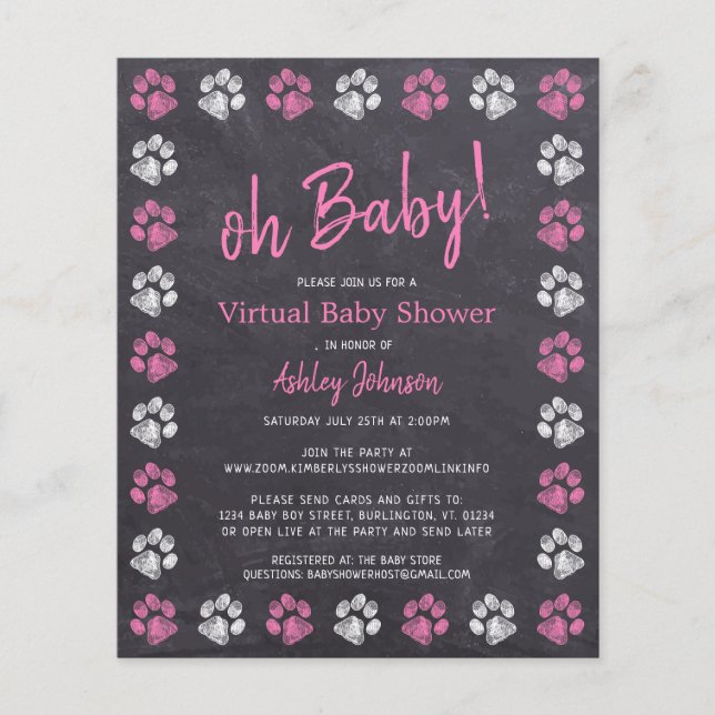Budget Pink Girl Paw Print Virtual Baby Dusche (Vorderseite)