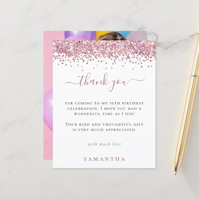 Budget Pink Glitzer Foto Sweet 16 Danke (Vorderseite/Rückseite Beispiel)
