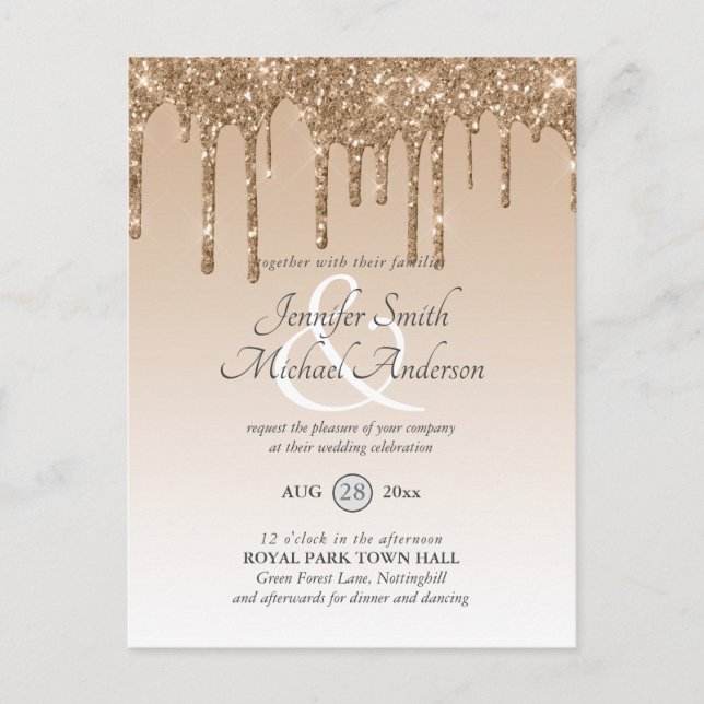 Budget Pink Gold Glitzer Dripping WEDING INVITE Postkarte (Vorderseite)