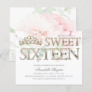 Budget Pink Gold Tiara Floral Sweet 16 Einladung