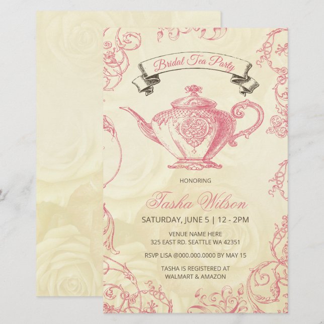 Budget Pink Ivory Vintag Bridal Tea Einladung (Vorne/Hinten)