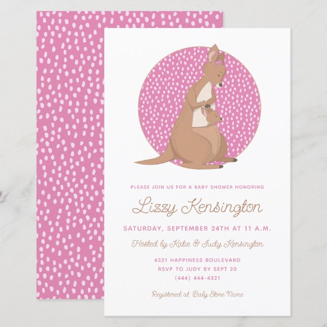 Budget Pink Kangaroo Baby Girl Dusche Einladung (Vorne/Hinten)