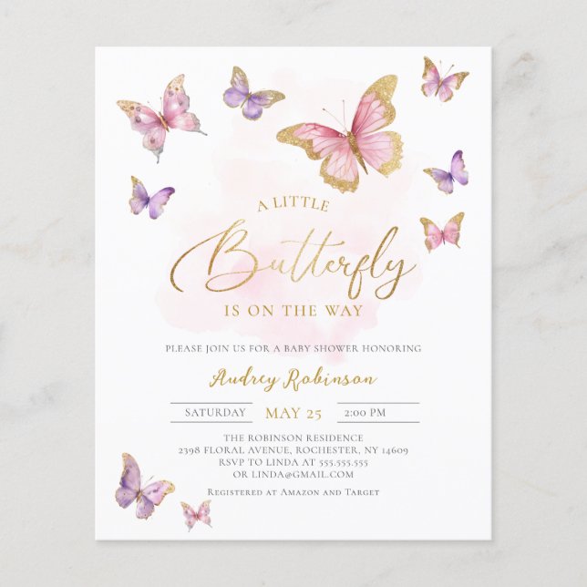 Budget Pink Lila Gold Butterfly Girl Dusche (Vorderseite)