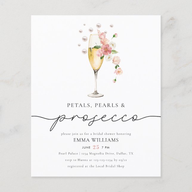 BUDGET Pink Petals Pearls & Prosecco Brautparty Flyer (Vorne)