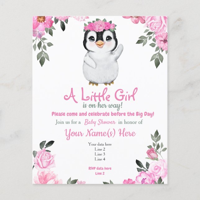 Budget Pink Pinguin Floral Baby Dusche Flyer (Vorne)
