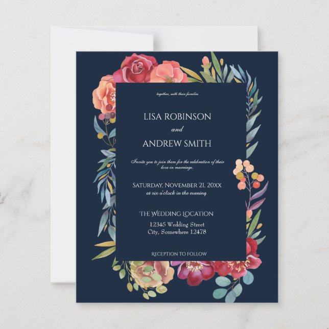 Budget Pink & Plum Tropical Floral Navy V1 Hochzei (Vorderseite)
