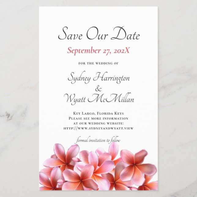 Budget Pink Plumeria Save the Date Hochzeit Flyer (Vorne)
