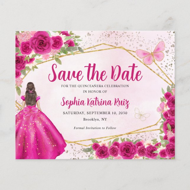 Budget Pink Princess Quinceañera Save the Date (Vorderseite)