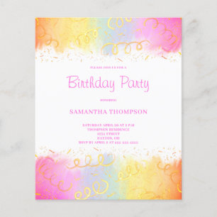 Budget Pink Rainbow Confetti Birthday Einladung