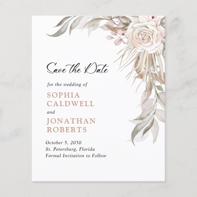 Budget Pink Rose Eleganage Foliage Save the Date (Vorderseite)