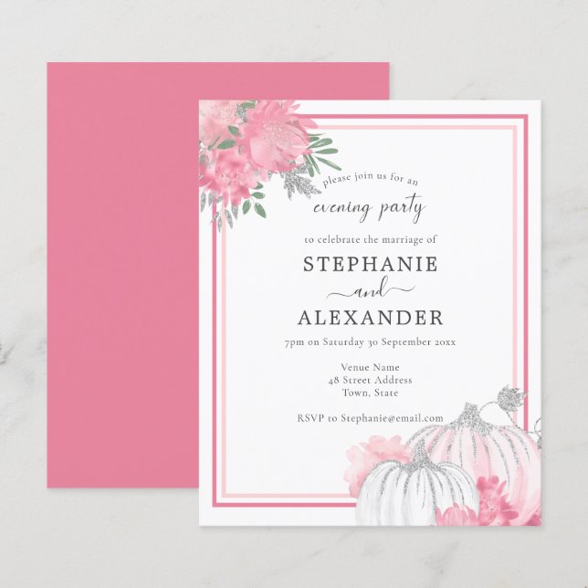 Budget Pink & Silver Pumpkin Wedding Party Einladu (Vorne/Hinten)