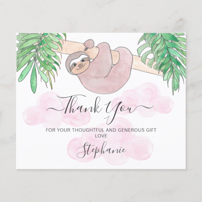 Budget Pink Sloth Baby Dusche Danke Karte (Vorderseite)