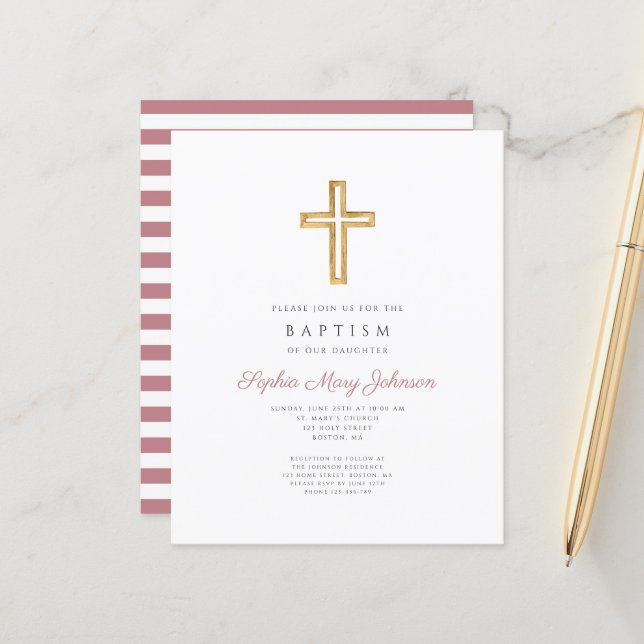 Budget Pink Stripes Cross Religious Girl Baptisse (Vorderseite/Rückseite Beispiel)