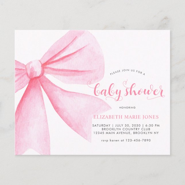 Budget Pink Watercolor Bow Ribbon Girl Babydusche (Vorderseite)
