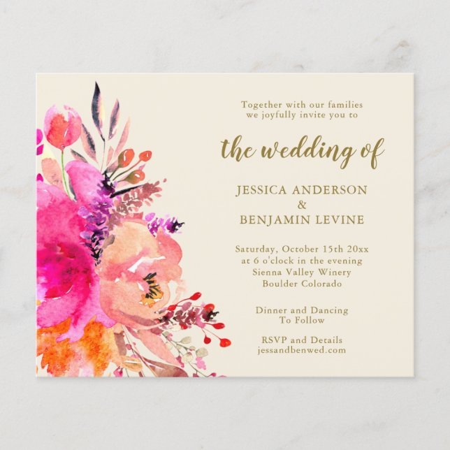 Budget Pink Watercolor Floral Wedite Einladung (Vorderseite)