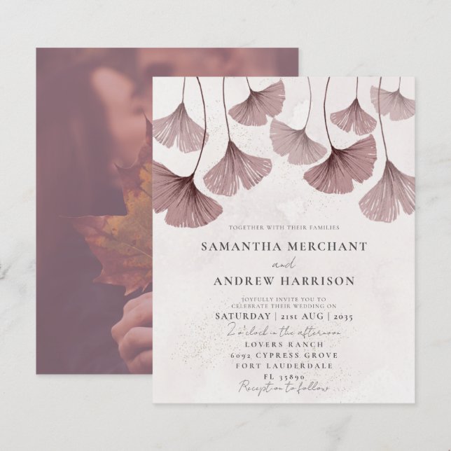 Budget Pink Watercolor Ginkgo Hochzeit Einladung (Vorne/Hinten)