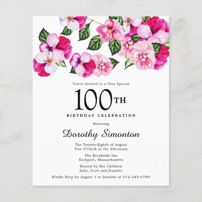 Budget Pink White Floral 100th Birthday Invitation (Vorderseite)