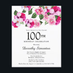 Budget Pink White Floral 100th Birthday Invitation<br><div class="desc">Bright and colorful, feminine pansies decorate the top of this 100th birthday party. The pretty flowers are a combination of magenta, pink and white. They are nestled in dark green flowers. This item is part of the Pink Pansy collection. In addition to invitation stationery, you'll find matching party supplies and...</div>