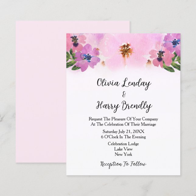 Budget Pink Wild Flower Garden Hochzeit Einladung (Vorne/Hinten)